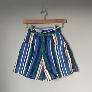 Extra Blues Vtg. 1990's High Rise Shorts Blue Green Stripes 100% Cotton Size 5